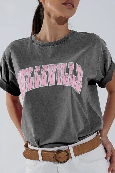 Grey Crew Neck T-shirt With Belleville text - One Size / Grey - Tops