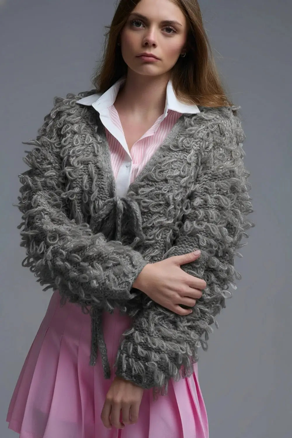 Q2 Grey Cropped chunky Knit cardigan with V-Neck and Front Tie closure