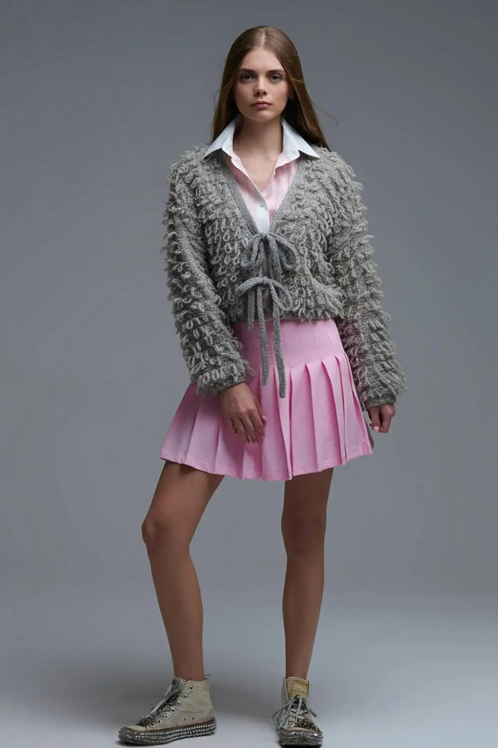 Grey Cropped chunky Knit cardigan with V-Neck and Front Tie closure - One Size / Grey - Coats and Jackets