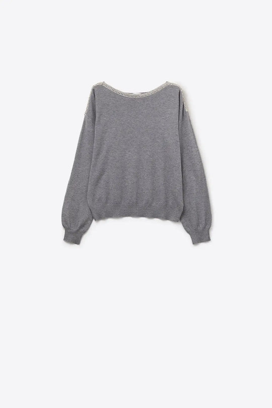 Q2 grey fine knit sweater with a boat neck and rhinestone detail