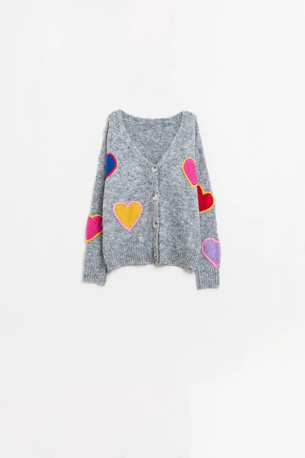 Q2 Grey knitted cardigan with embroidered hearts
