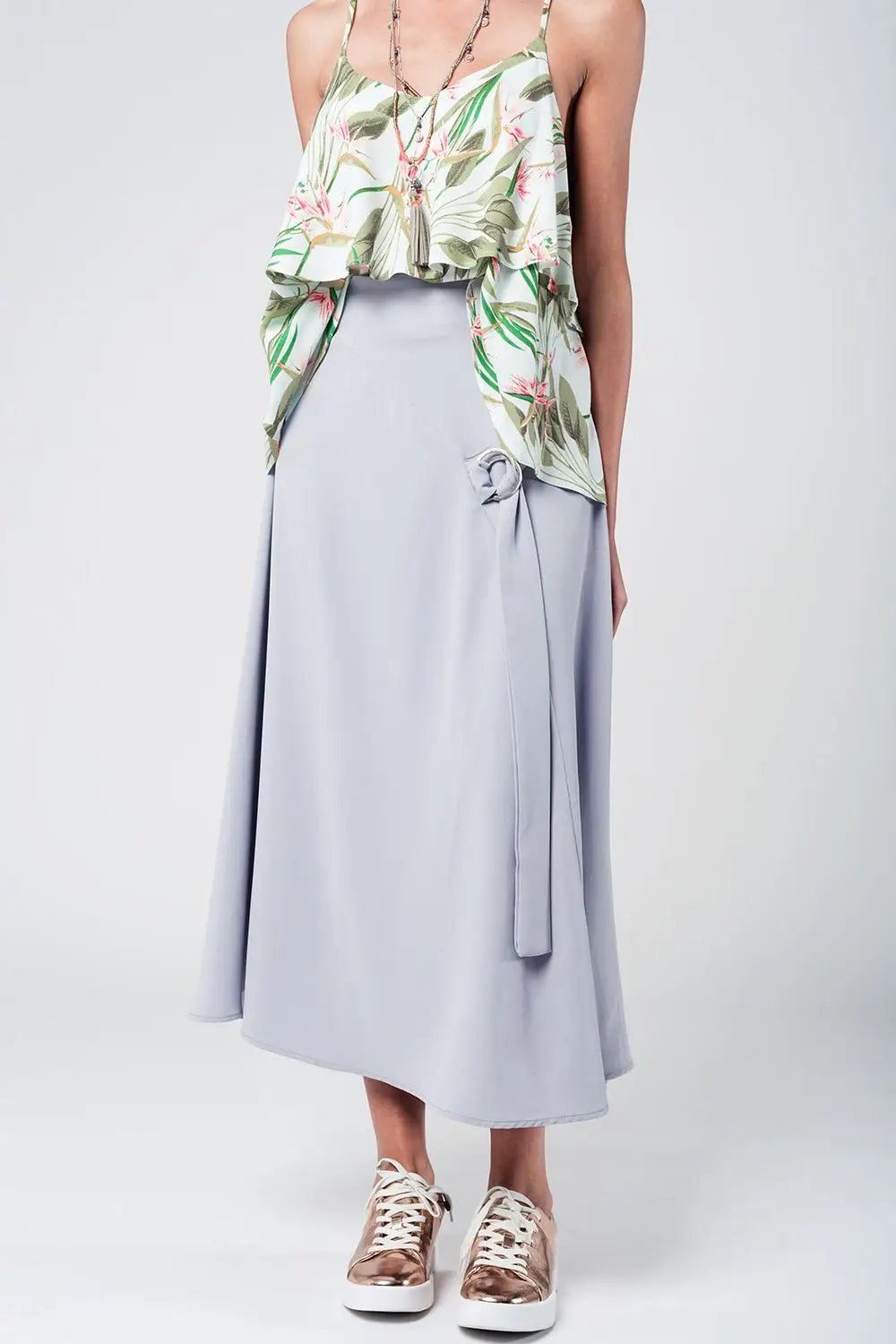 Grey midi skirt with belt - Skirts