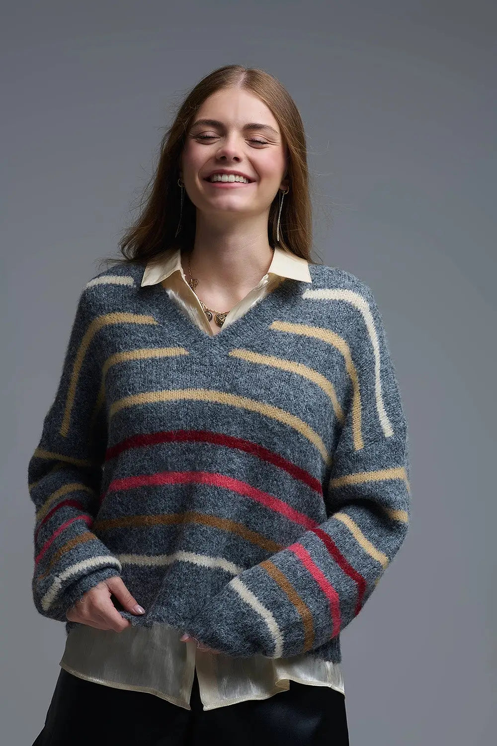 Q2 Grey Oversized Multicolor Stripe Sweater