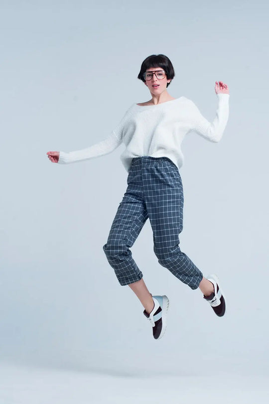 Grey Pants in White check Print - Pants