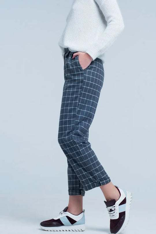 Grey Pants in White check Print - Pants