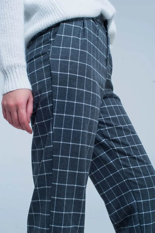 Grey Pants in White check Print - Pants
