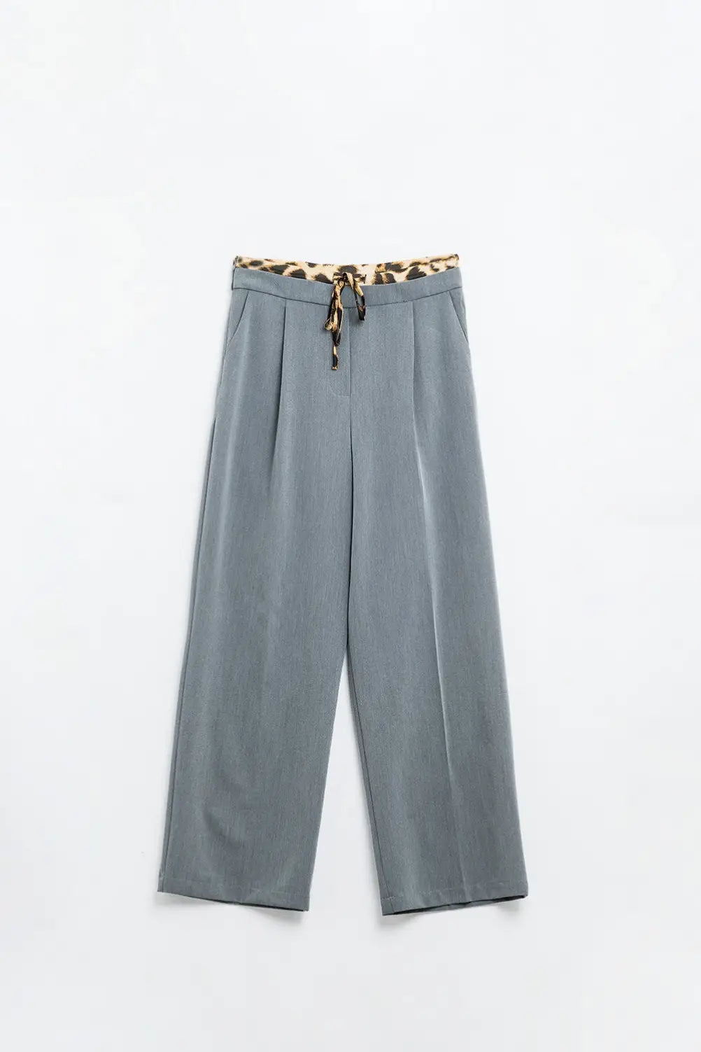 Q2 Grey pleated pants with leopard detail at the waist