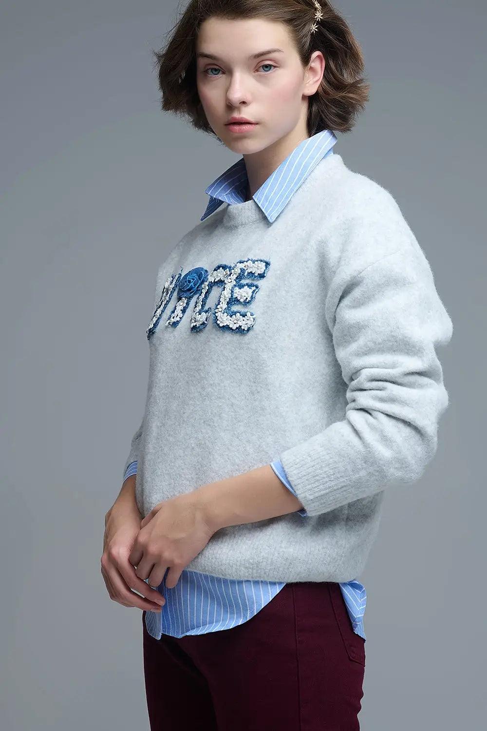 Grey Round Neck Sweater With Embroidered Nice - One Size / Grey - Sweaters