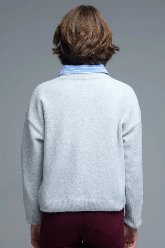 Grey Round Neck Sweater With Embroidered Nice - One Size / Grey - Sweaters