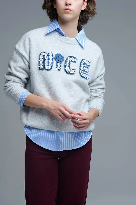 Grey Round Neck Sweater With Embroidered Nice - One Size / Grey - Sweaters