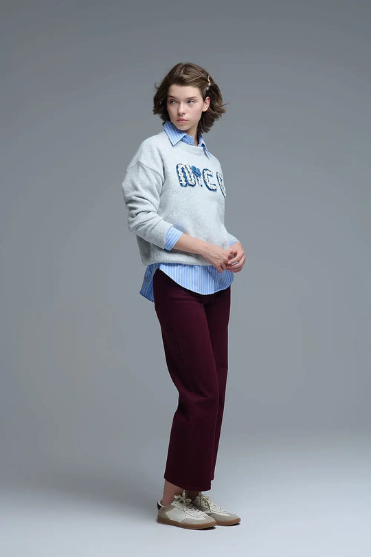 Grey Round Neck Sweater With Embroidered Nice - One Size / Grey - Sweaters