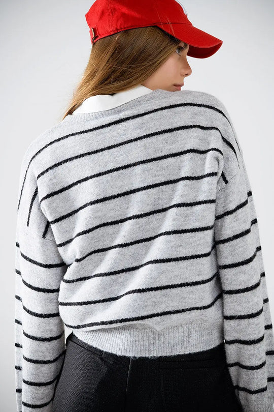Grey striped sweater with red heart detail - Sweaters