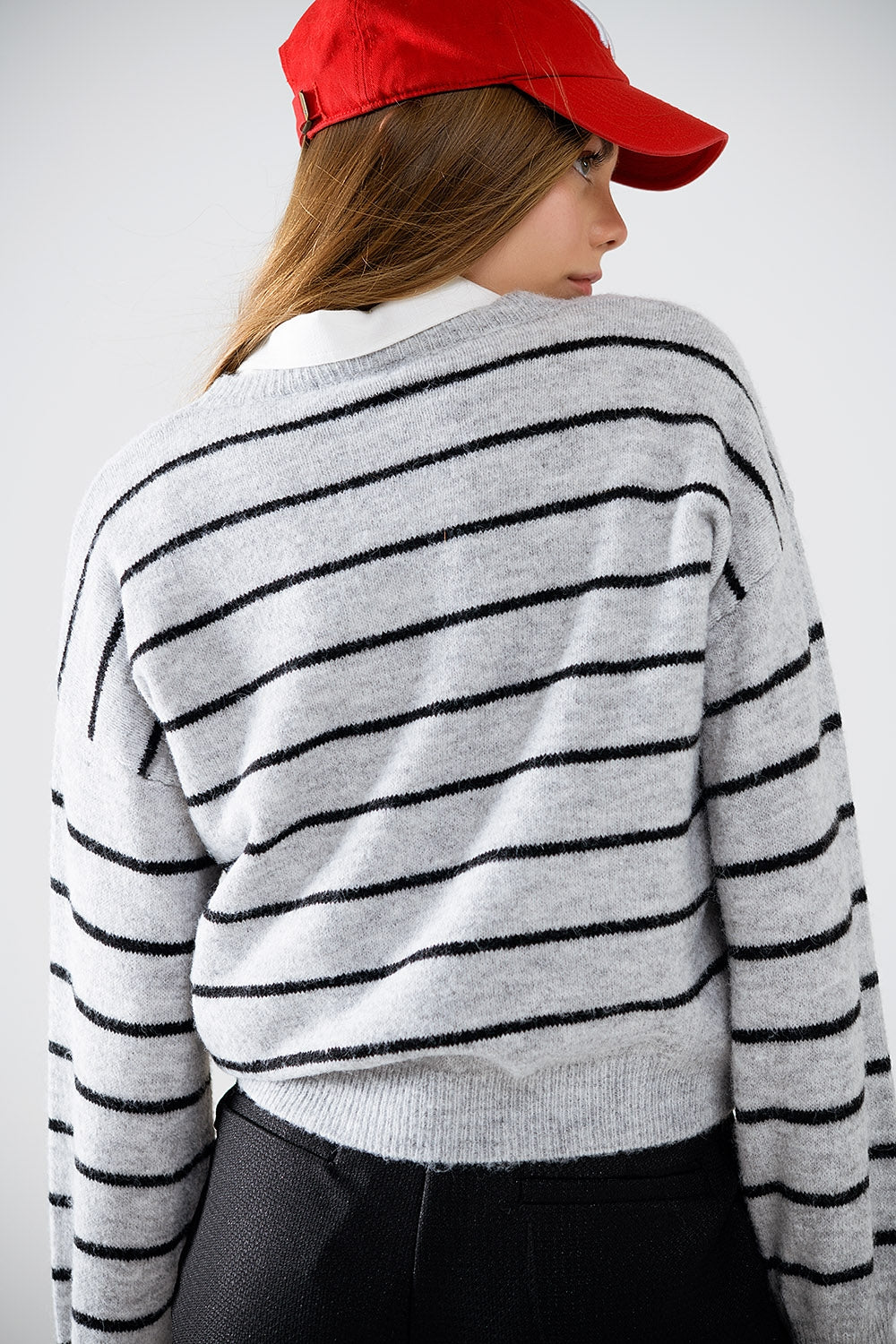 Grey striped sweater with red heart detail