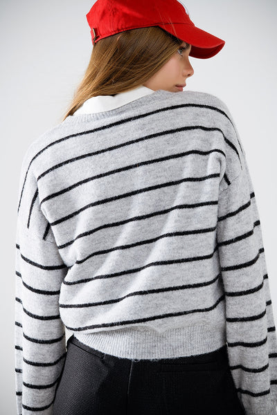 Grey striped sweater with red heart detail
