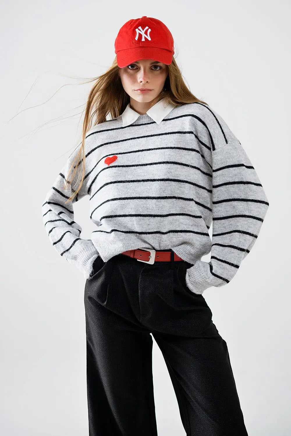 Grey striped sweater with red heart detail - Sweaters