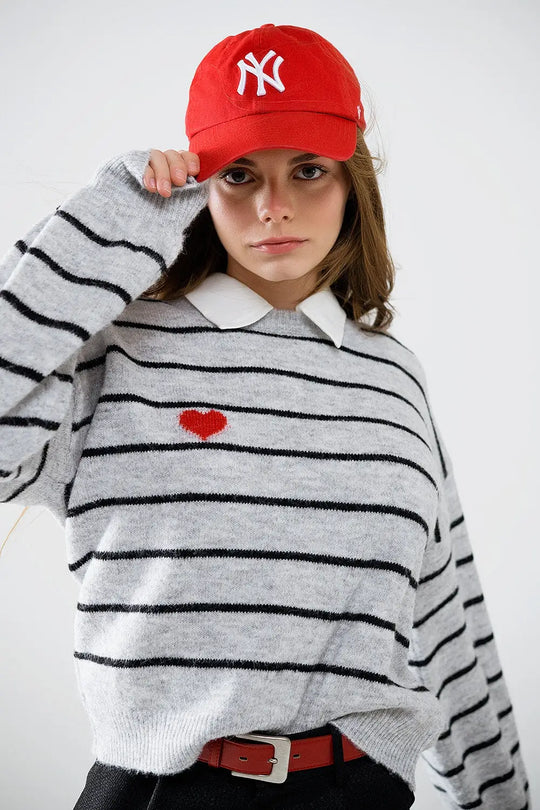 Grey striped sweater with red heart detail - Sweaters