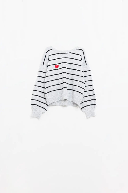 Grey striped sweater with red heart detail - Sweaters