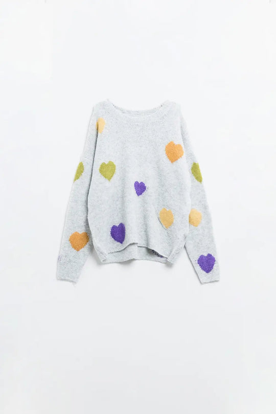 Grey sweater with boat neck and heart print - One Size / Grey - Sweaters