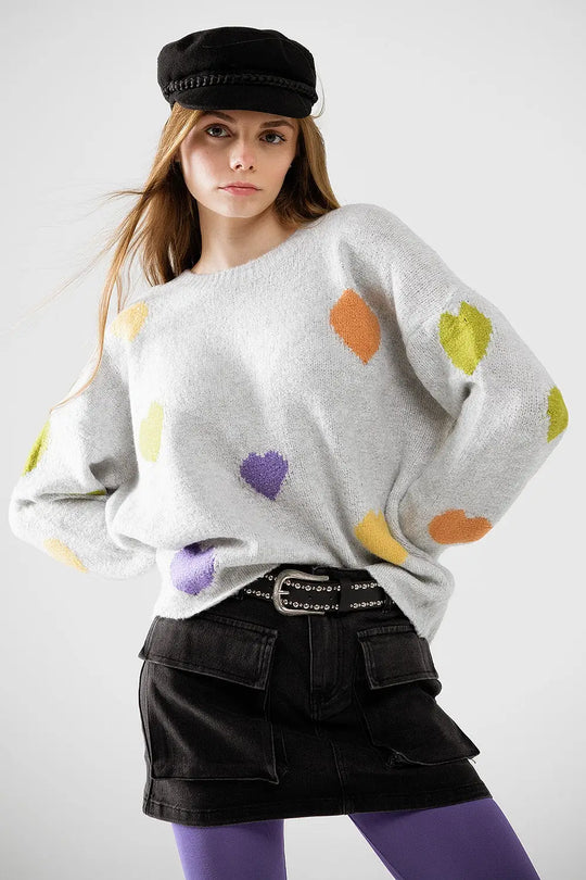Grey sweater with boat neck and heart print - One Size / Grey - Sweaters