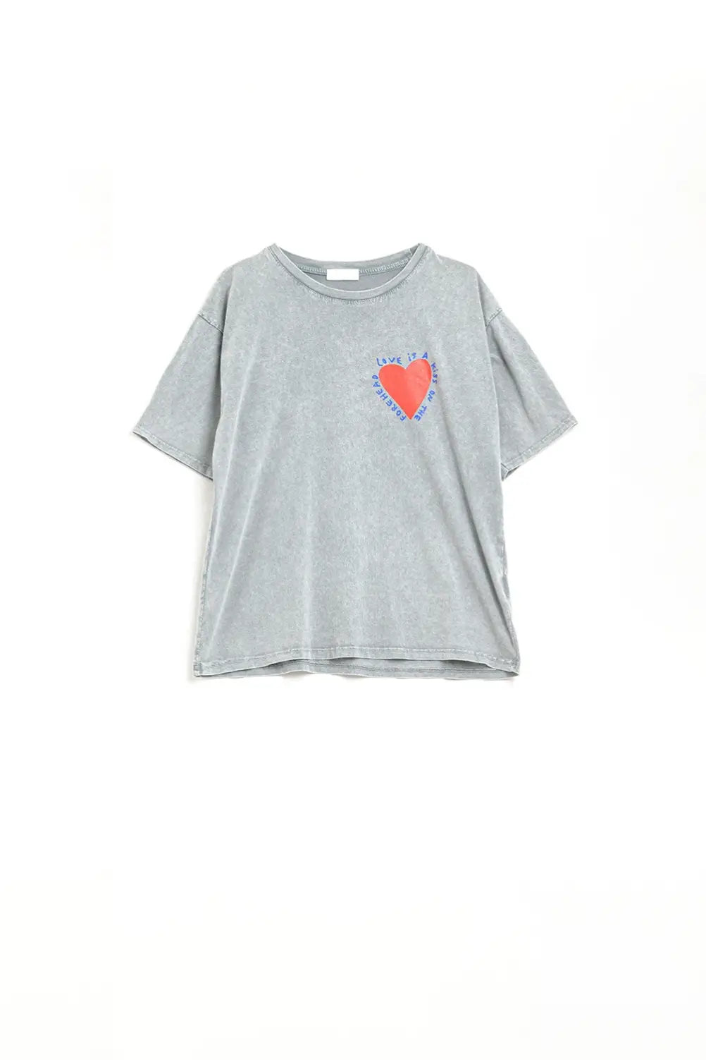 Q2 Grey T-shirt featuring a heart design on both the front and back