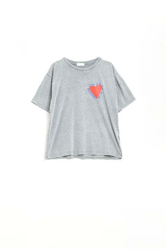 Q2 Grey T-shirt featuring a heart design on both the front and back