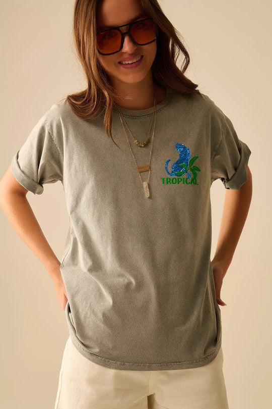 Grey t-shirt made in Italy with tropical graphic print - One Size / Grey - Tops