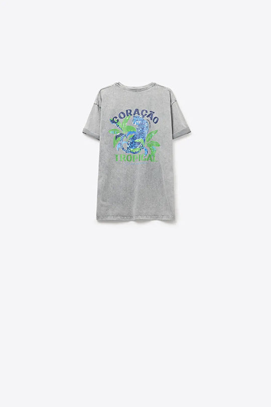Grey t-shirt made in Italy with tropical graphic print - One Size / Grey - Tops