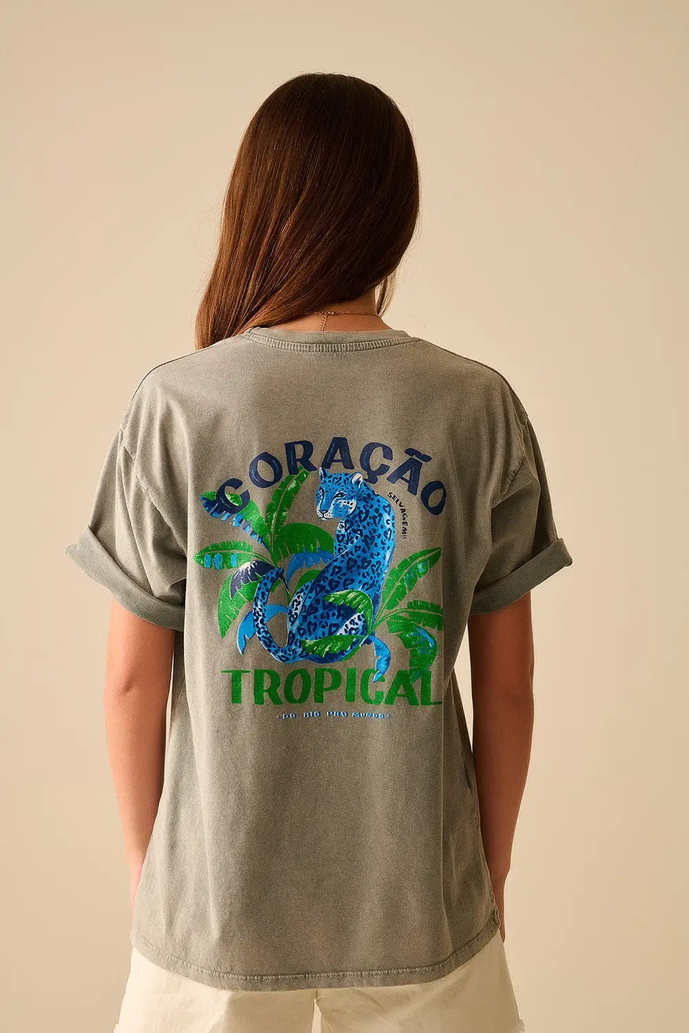 Grey t-shirt made in Italy with tropical graphic print - One Size / Grey - Tops