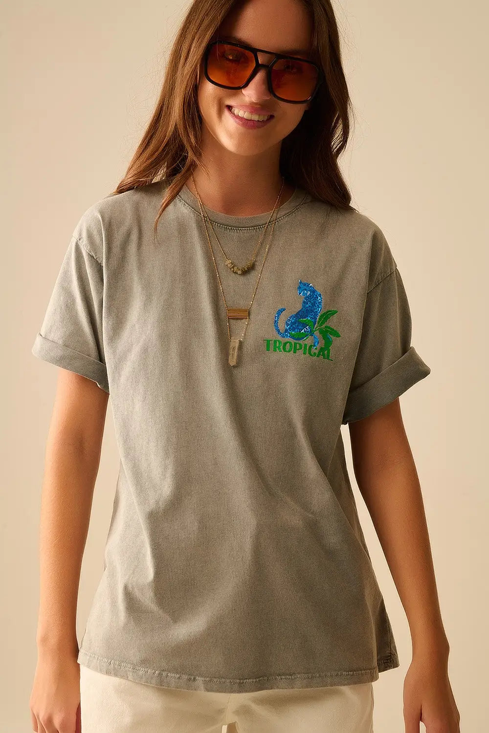 Grey t-shirt made in Italy with tropical graphic print - One Size / Grey - Tops