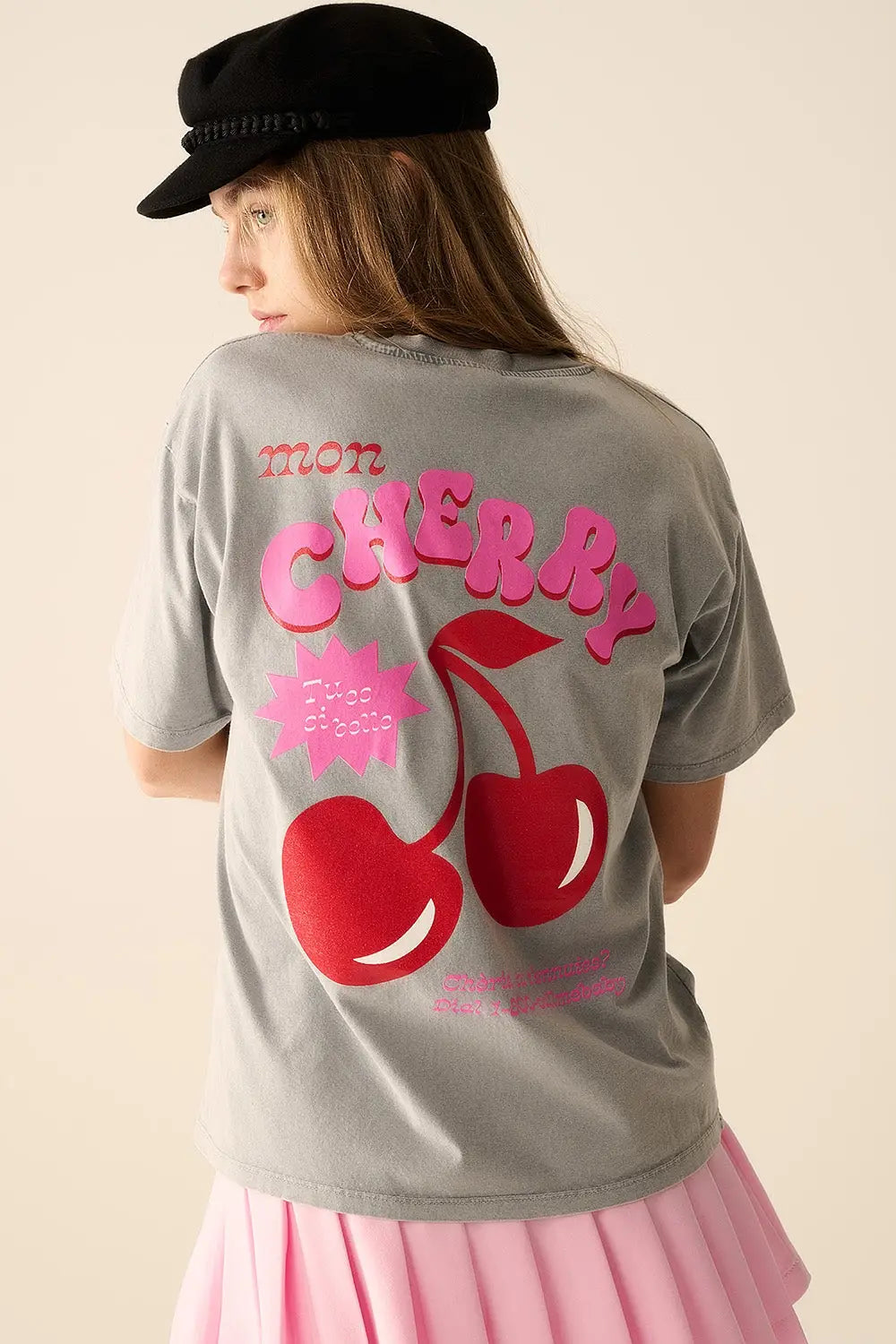 Grey T-shirt with Cherry in logo and letters - One Size / Grey - Tops