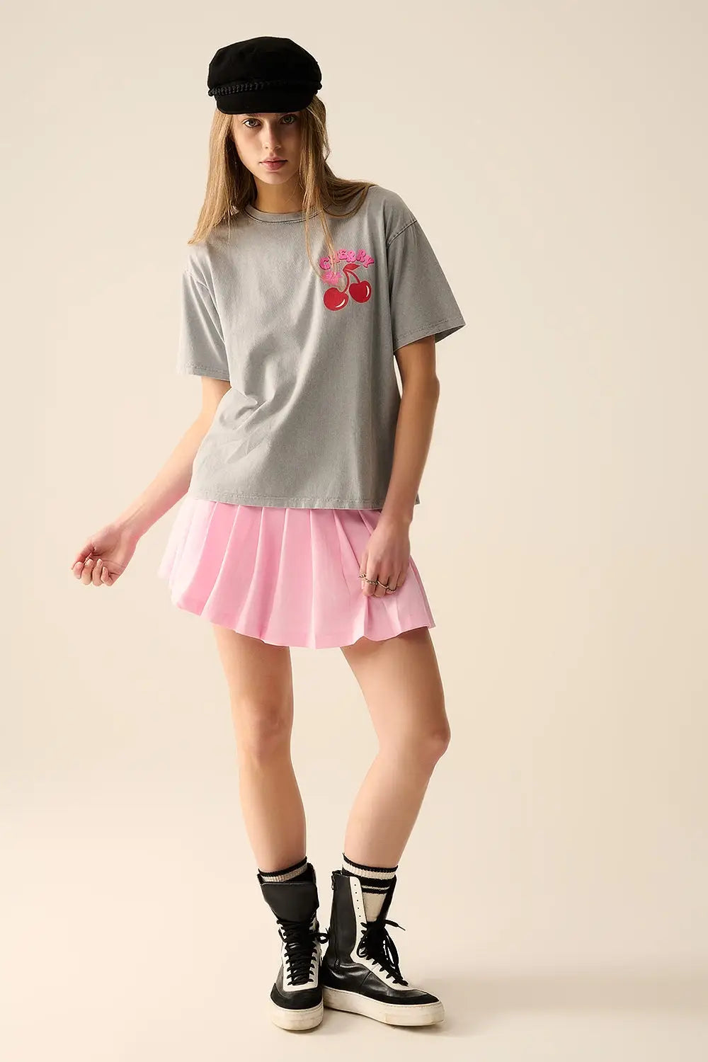 Grey T-shirt with Cherry in logo and letters - One Size / Grey - Tops