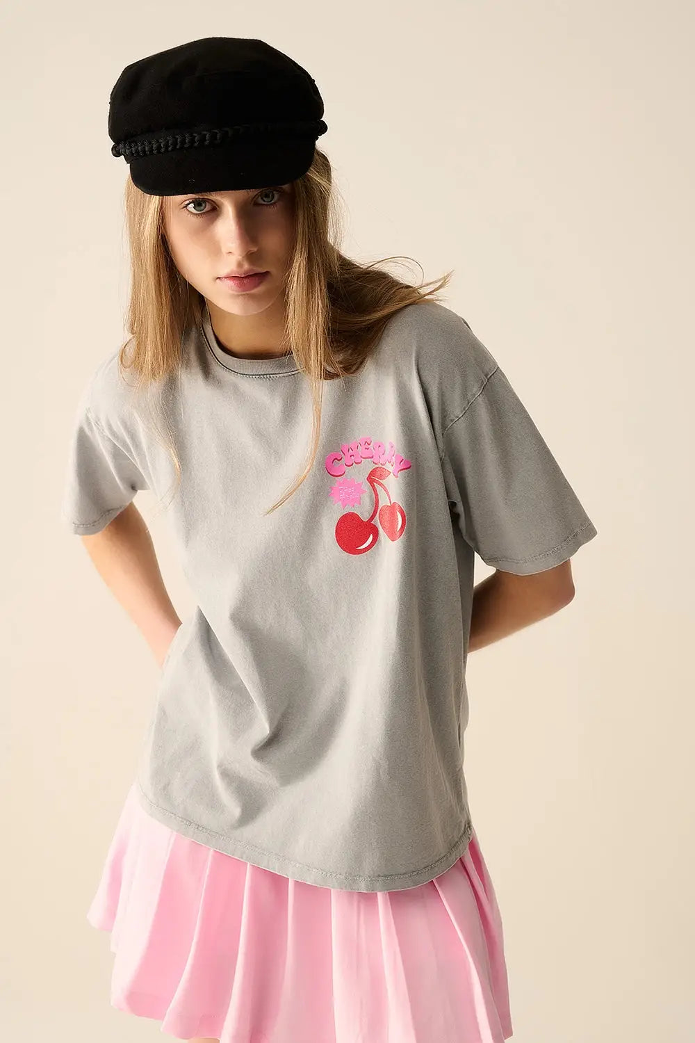 Grey T-shirt with Cherry in logo and letters - One Size / Grey - Tops