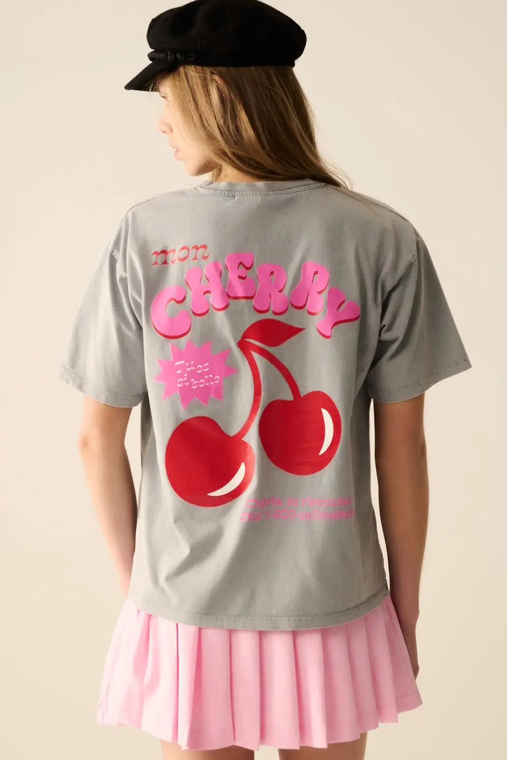 Grey T-shirt with Cherry in logo and letters - One Size / Grey - Tops