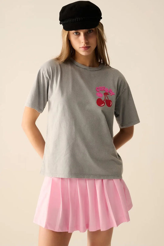 Grey T-shirt with Cherry in logo and letters - One Size / Grey - Tops