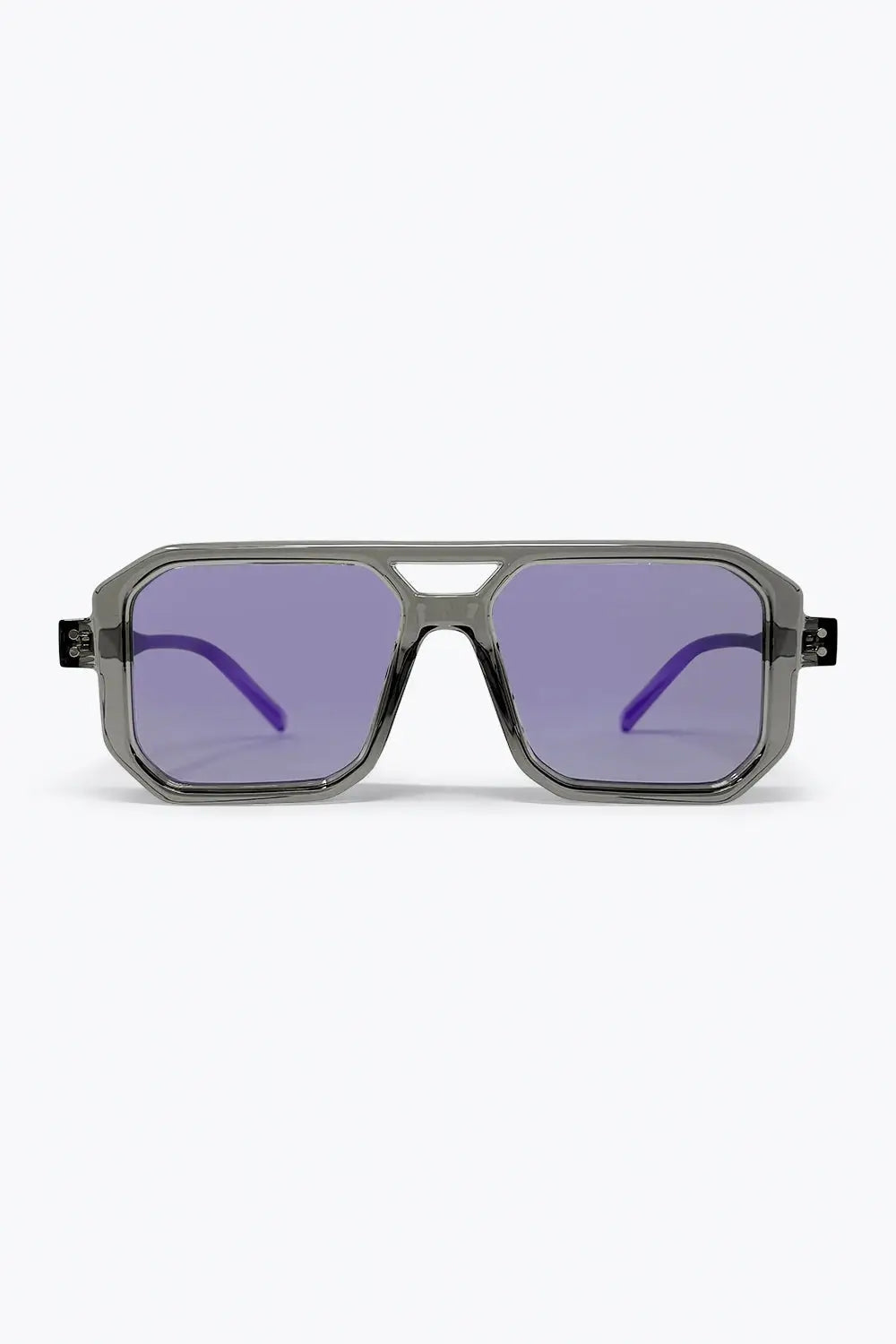 Q2 Grey Transparent Frame Purple Tinted Oversize Geometric Sunglasses