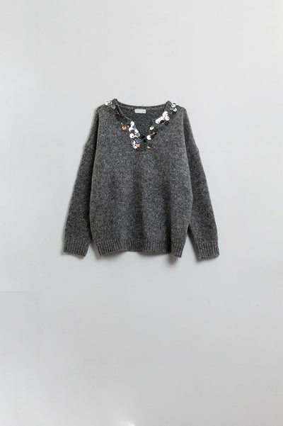 Grey V-neck sweater with sequin detail