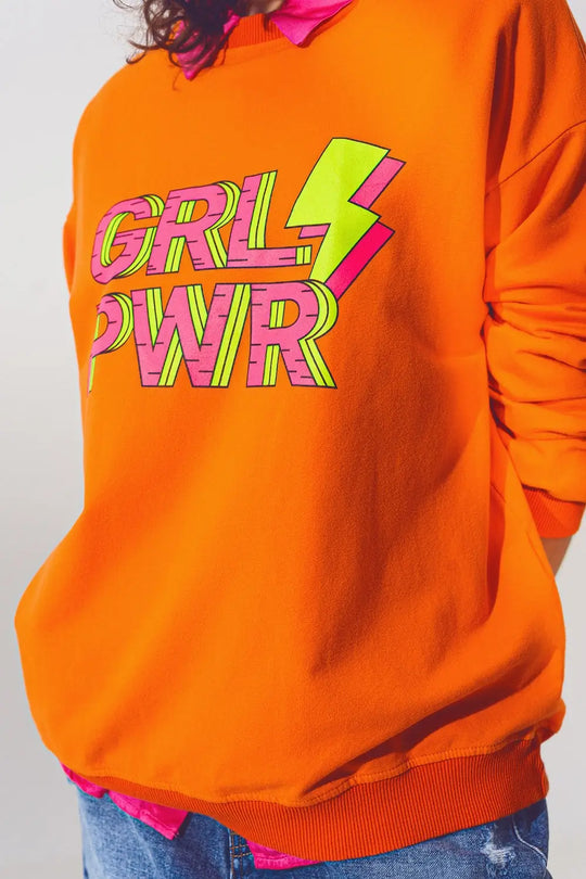 GRL PWR Text Sweatshirt in Orange - One Size / Orange - Sweaters