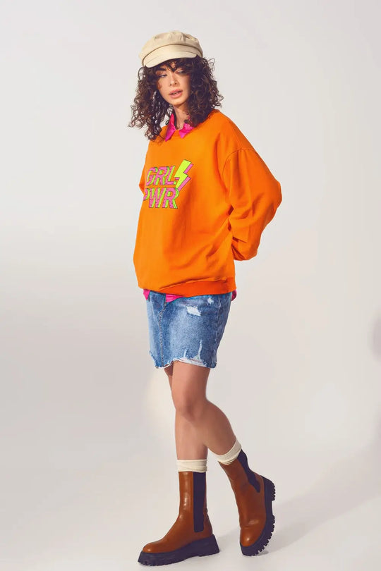 GRL PWR Text Sweatshirt in Orange - One Size / Orange - Sweaters