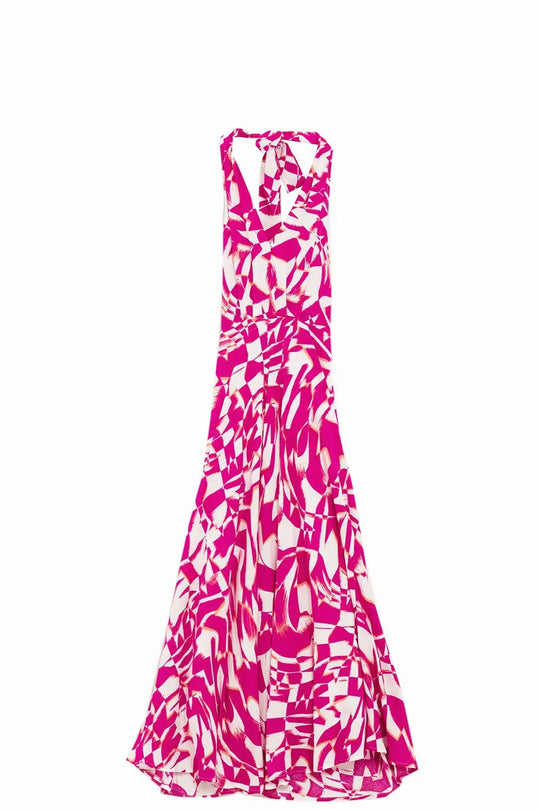 Halter Midi Dress with Cinched Waist In Abstract fuchsia and White Print - Dresses