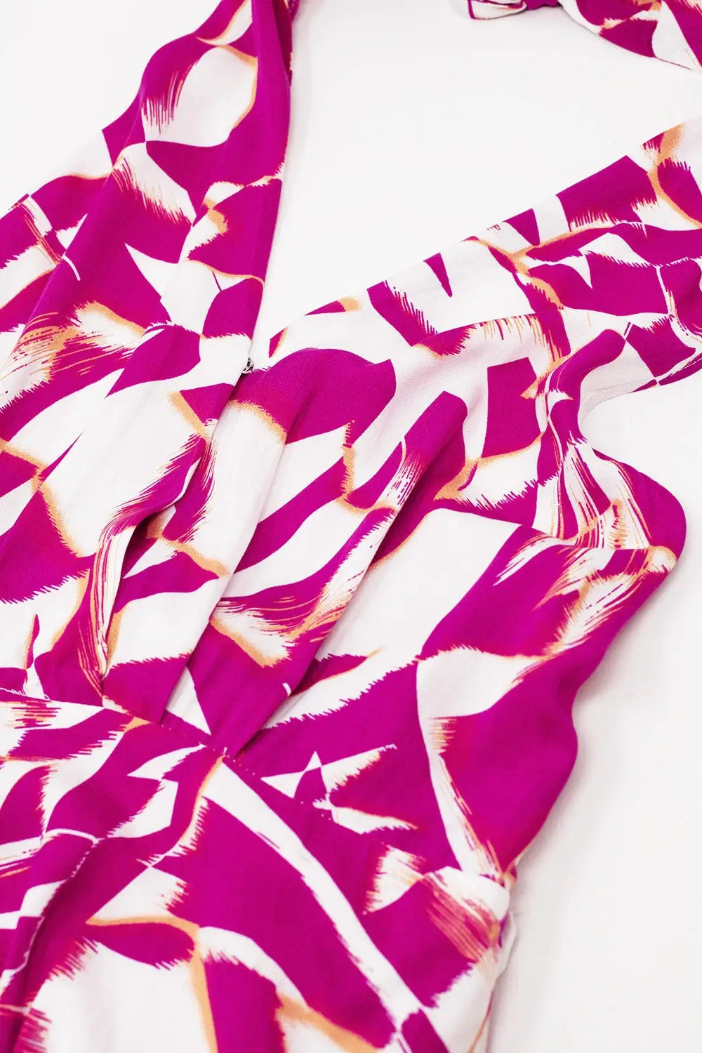 Halter Midi Dress with Cinched Waist In Abstract fuchsia and White Print - Dresses