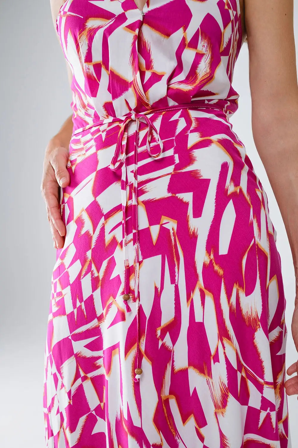 Halter Midi Dress with Cinched Waist In Abstract fuchsia and White Print - Dresses