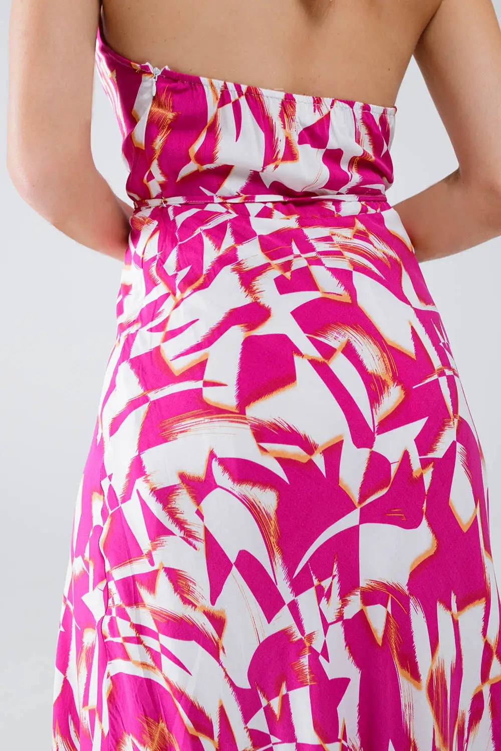 Halter Midi Dress with Cinched Waist In Abstract fuchsia and White Print - Dresses