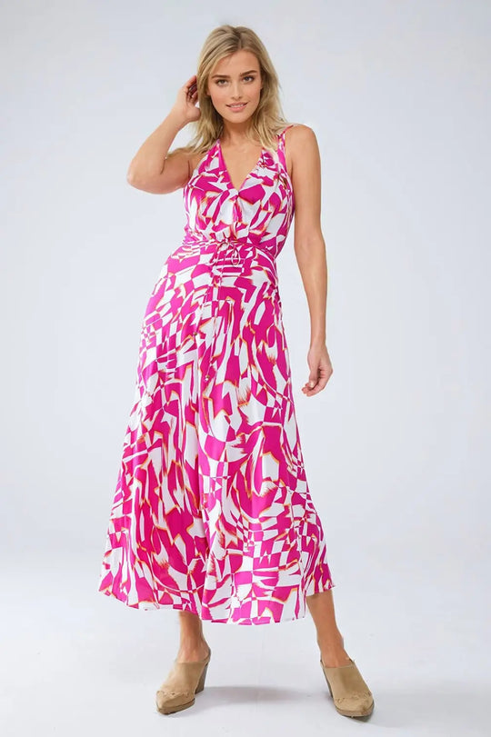 Halter Midi Dress with Cinched Waist In Abstract fuchsia and White Print - Dresses