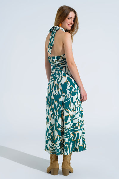 Halter Midi Dress with Cinched Waist In Abstract Green and White Print