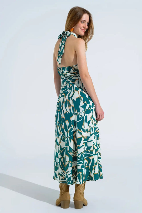 Halter Midi Dress with Cinched Waist In Abstract Green and White Print - Dresses