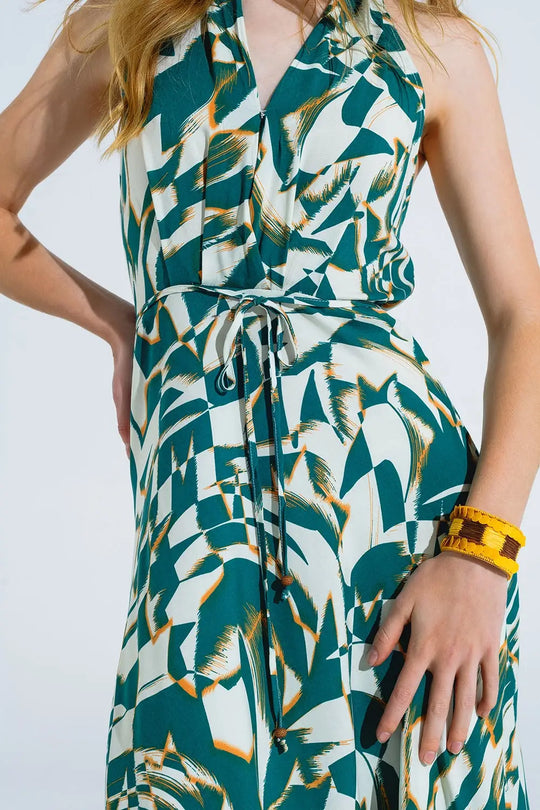 Halter Midi Dress with Cinched Waist In Abstract Green and White Print - Dresses