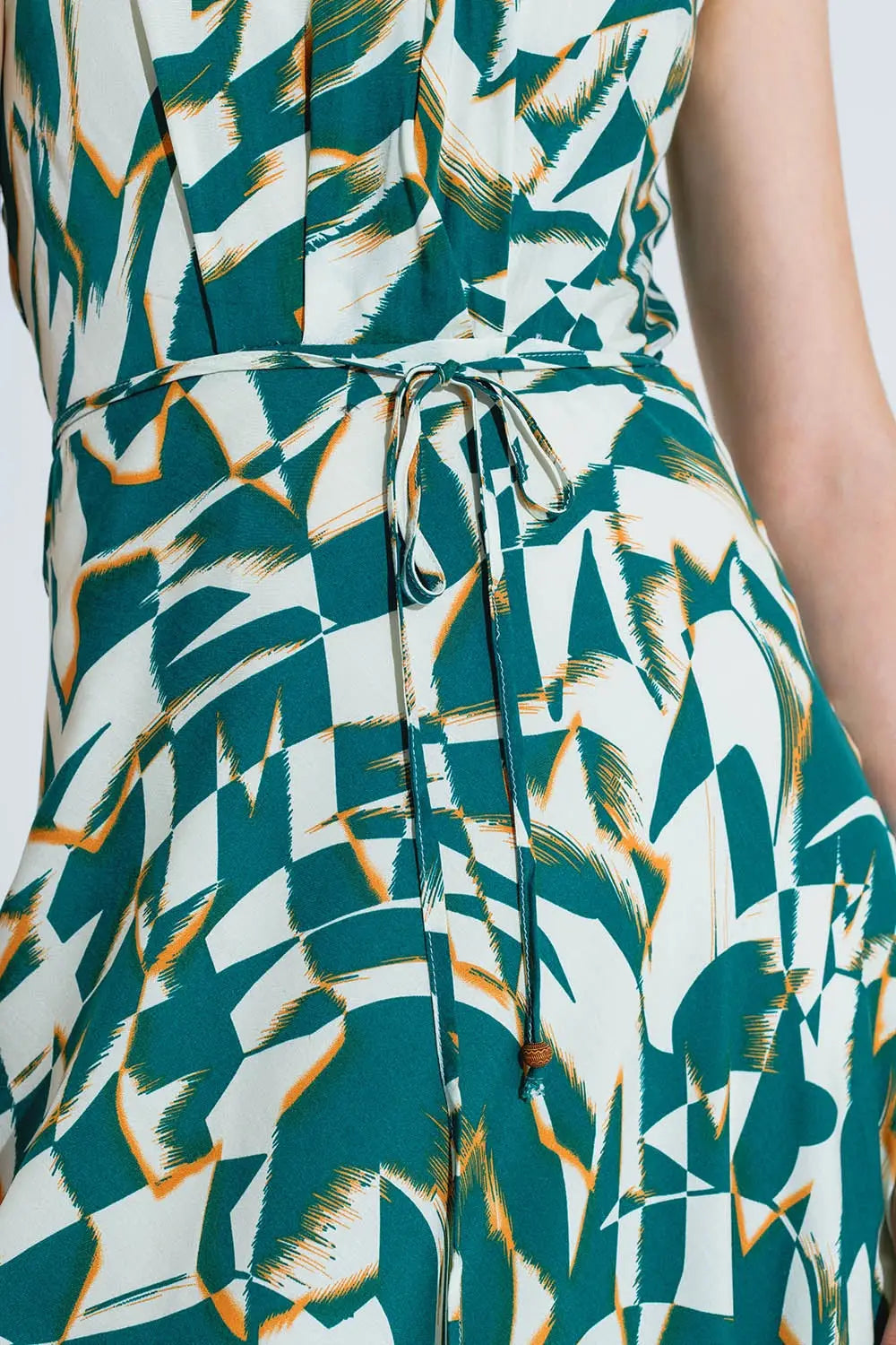 Halter Midi Dress with Cinched Waist In Abstract Green and White Print - Dresses