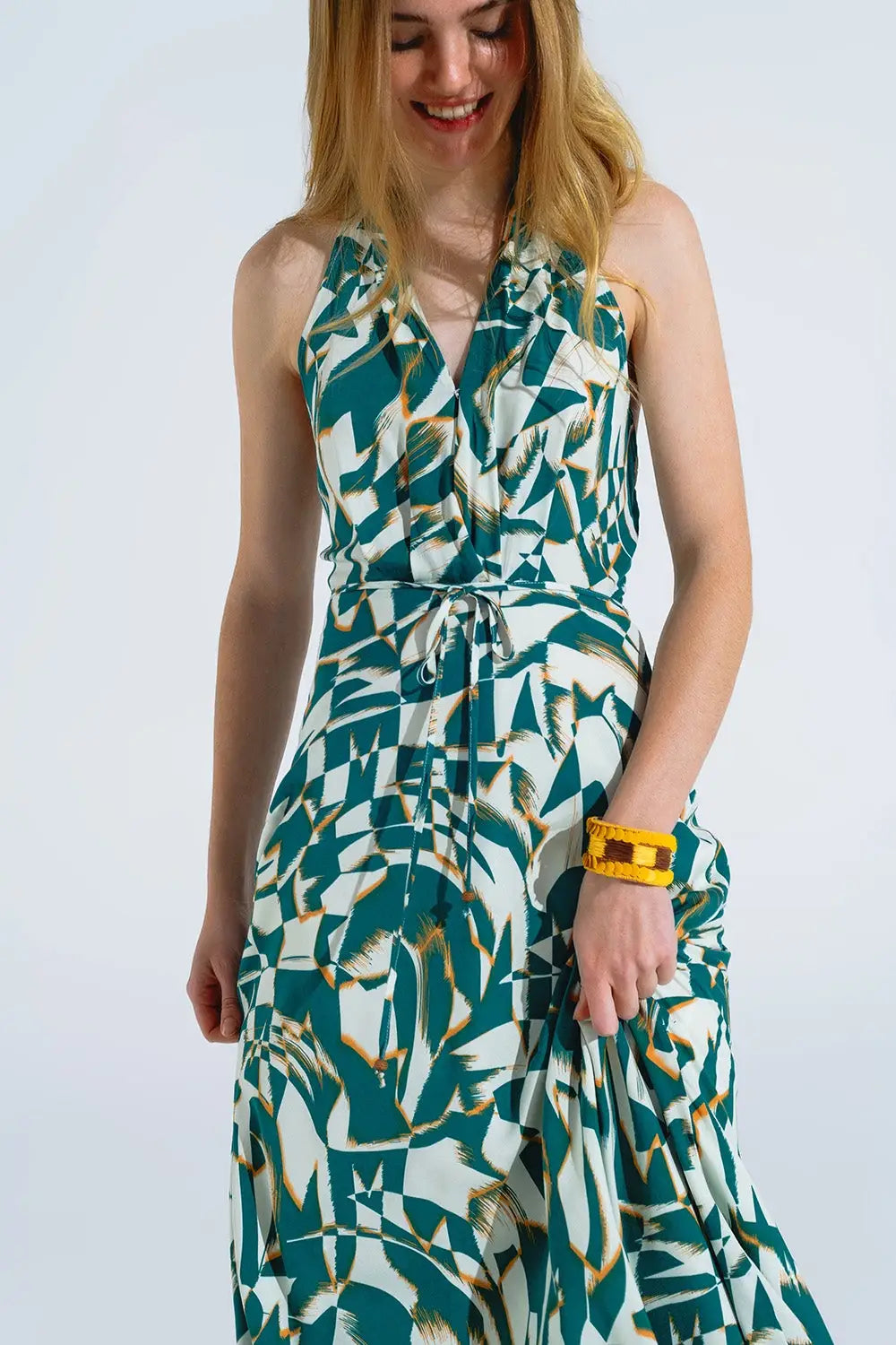 Halter Midi Dress with Cinched Waist In Abstract Green and White Print - Dresses