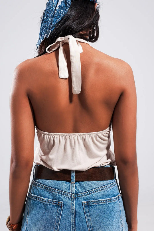 Halter neck crop top with ring detail in beige - One Size / Beige - Tops