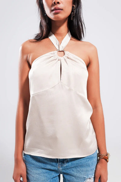 Halter neck crop top with ring detail in beige - One Size / Beige - Tops